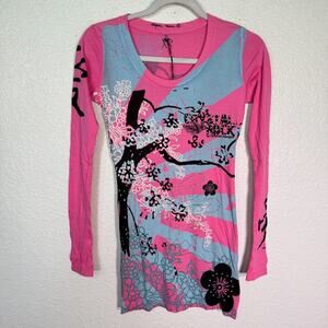 Christian Audigier Crystal Rock Y2K Shirt Womens XS Tokyo Sun Cherry Blossom Tee